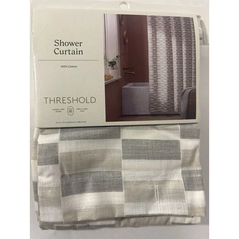 Threshold Gray Colorblock Shower Curtain 100% Cotton 72x72 Plaid Stripe